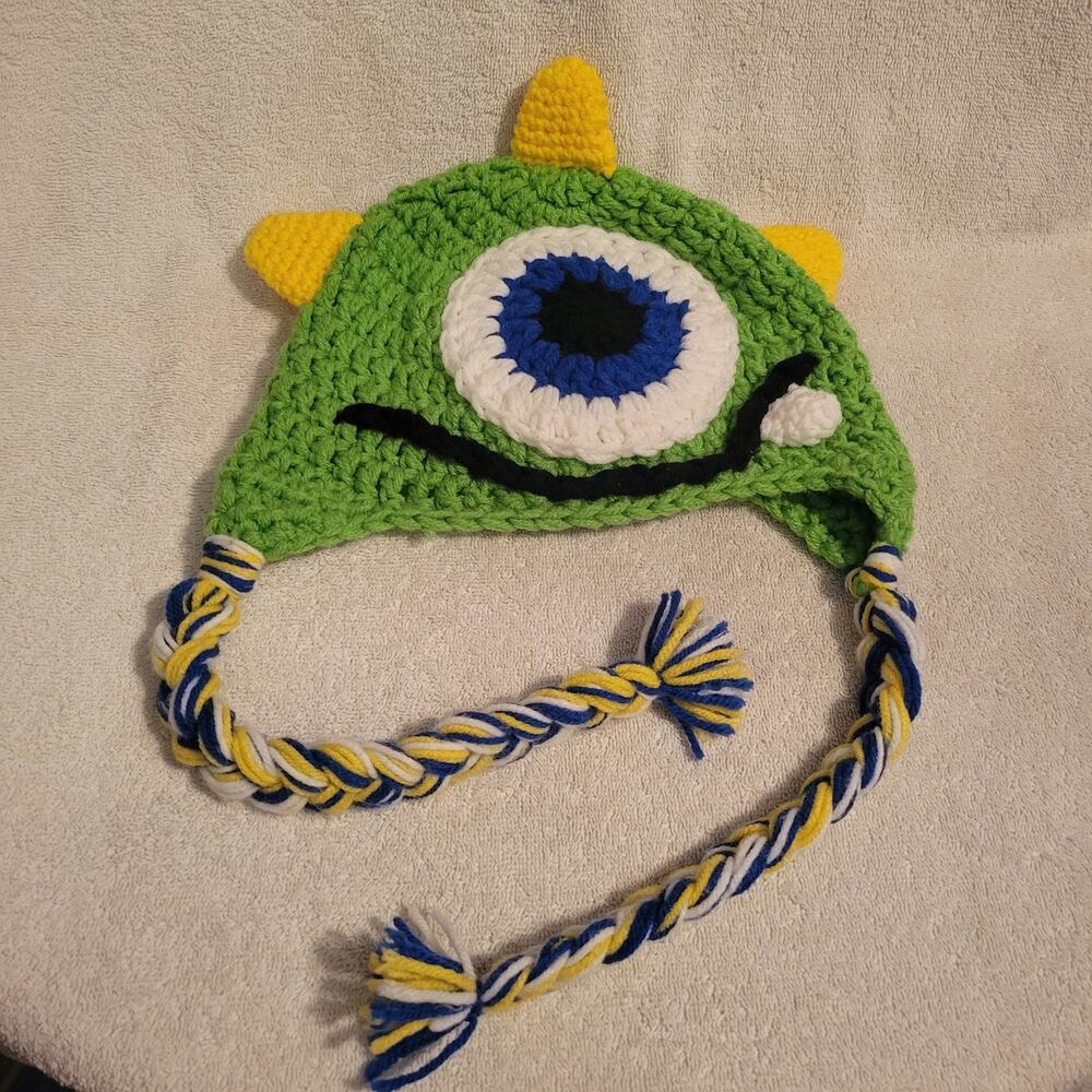 Knit Monster Hat / Green One Eyed Monster Hat with Yellow Horns with Tassels